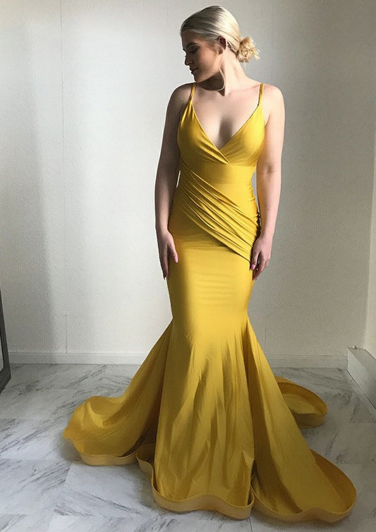 Yellow Spaghetti Strap V Neck Ruched Mermaid Long Formal Evening Prom Dress