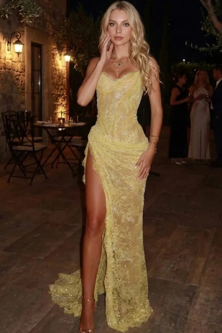 Yellow Strapless Lace Prom Dress with High Slit for Formal Events and Prom Nights