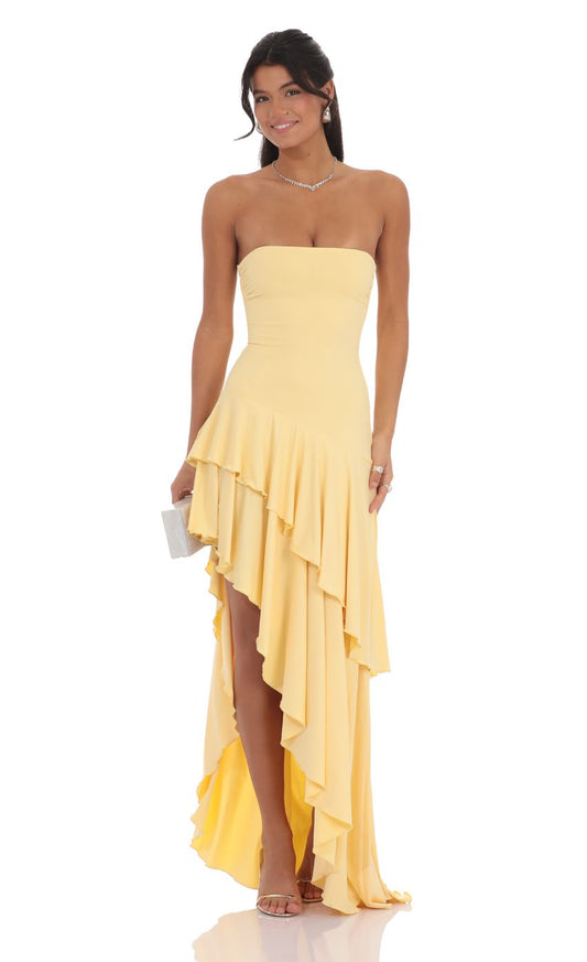 Yellow Strapless Prom Dress With Asymmetrical Tiered Ruffle Slit Formal Prom Dress