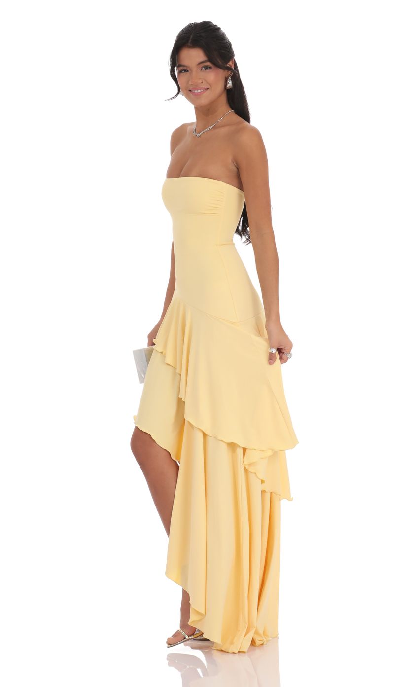 Yellow Strapless Prom Dress With Asymmetrical Tiered Ruffle Slit Formal Prom Dress