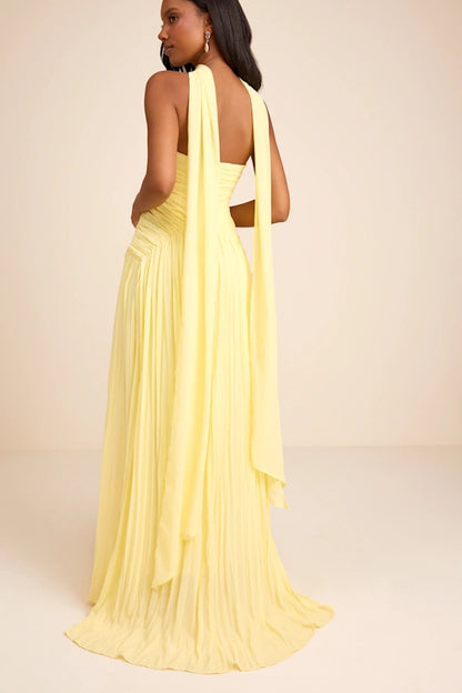 Yellow Strapless Prom Dress With Choker Neckline Ruched Bodice And Pleated Chiffon A Line Formal Prom Dress