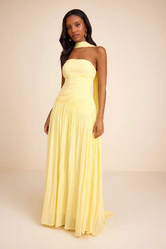 Yellow Strapless Prom Dress With Choker Neckline Ruched Bodice And Pleated Chiffon A Line Formal Prom Dress