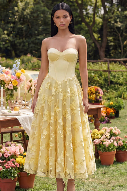 Yellow Strapless Prom Dress With Corset Bodice And Floral Lace Midi Skirt Formal Prom Dress