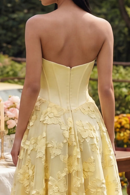 Yellow Strapless Prom Dress With Corset Bodice And Floral Lace Midi Skirt Formal Prom Dress