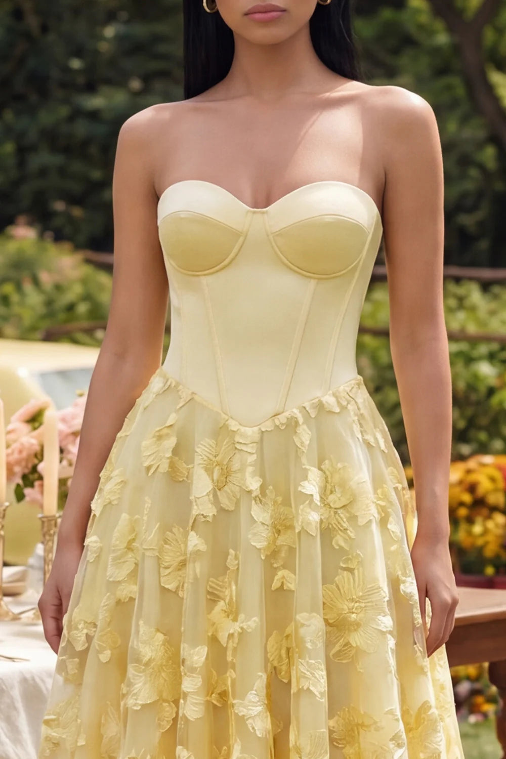 Yellow Strapless Prom Dress With Corset Bodice And Floral Lace Midi Skirt Formal Prom Dress