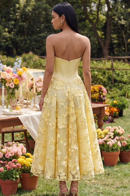 Yellow Strapless Prom Dress With Corset Bodice And Floral Lace Midi Skirt Formal Prom Dress