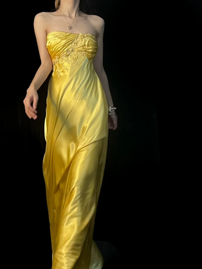 Yellow Strapless Prom Dress With Lace Appliques And Halter Strap Satin Formal Prom Dress