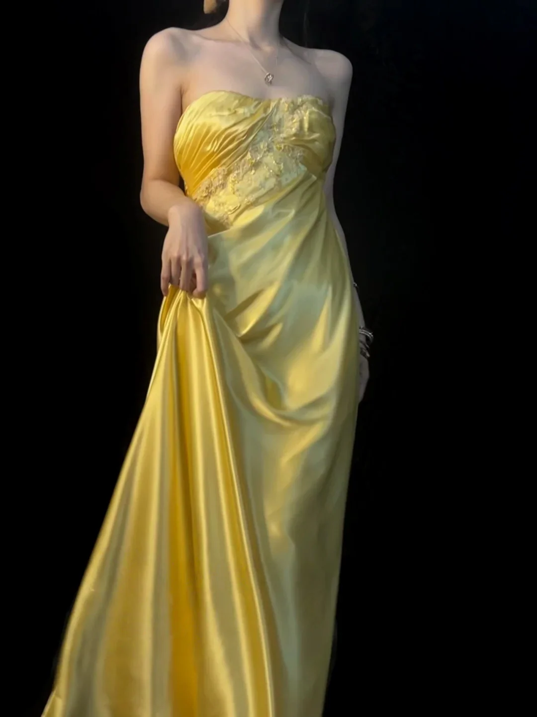 Yellow Strapless Prom Dress With Lace Appliques And Halter Strap Satin Formal Prom Dress