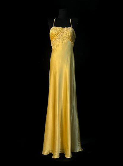 Yellow Strapless Prom Dress With Lace Appliques And Halter Strap Satin Formal Prom Dress