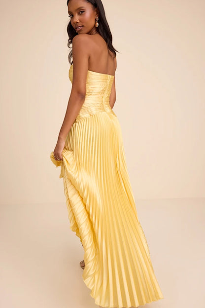 Yellow Strapless Prom Dress With Pleated Sweetheart Bodice And Pleated Satin A Line Formal Prom Dress