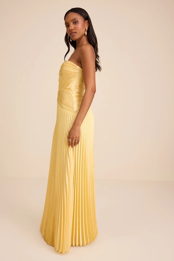 Yellow Strapless Prom Dress With Pleated Sweetheart Bodice And Pleated Satin A Line Formal Prom Dress