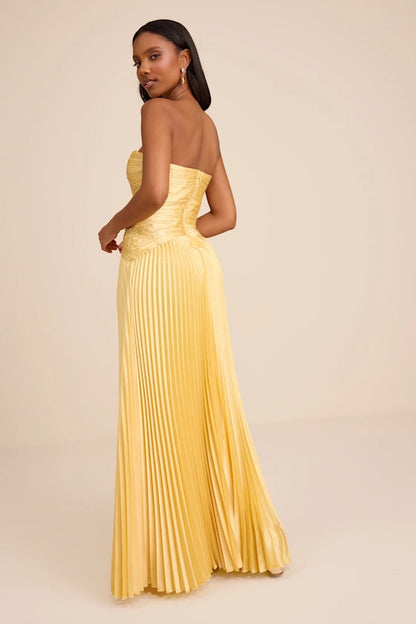 Yellow Strapless Prom Dress With Pleated Sweetheart Bodice And Pleated Satin A Line Formal Prom Dress