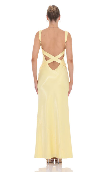 Yellow V Neck Prom Dress With Crisscross Back And Satin Mermaid Formal Prom Dress