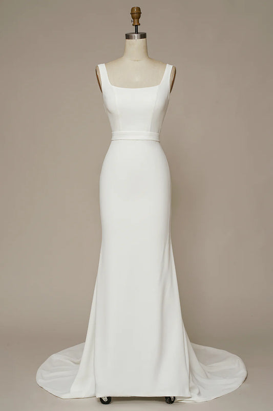 White Mermaid Square Neck Long Dress Backless Wedding Dress