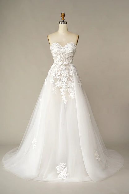 White A Line Strapless Train Dress Wedding Dress with Appliques