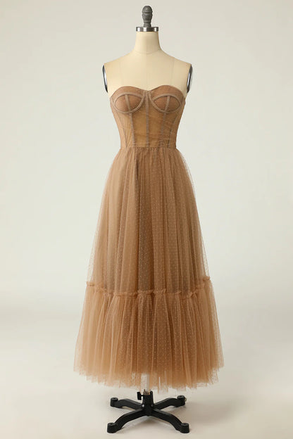 Polka Dots Corset Prom Dress A-Line Strapless Party Dress