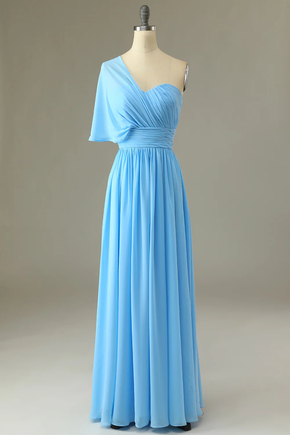Blue One Shoulder Blue Bridesmaid Dress Chiffon Wedding Guest Dress
