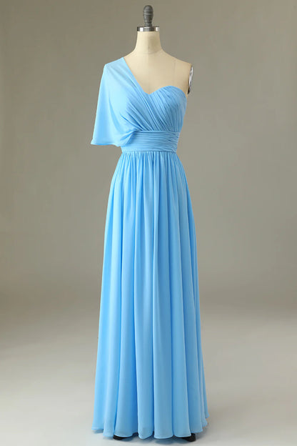 Blue One Shoulder Blue Bridesmaid Dress Chiffon Wedding Guest Dress
