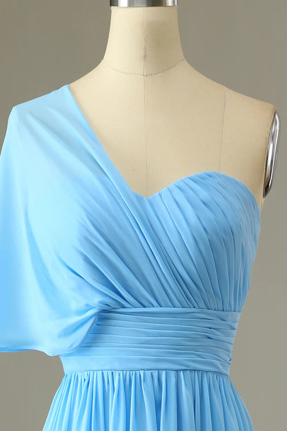 Blue One Shoulder Blue Bridesmaid Dress Chiffon Wedding Guest Dress
