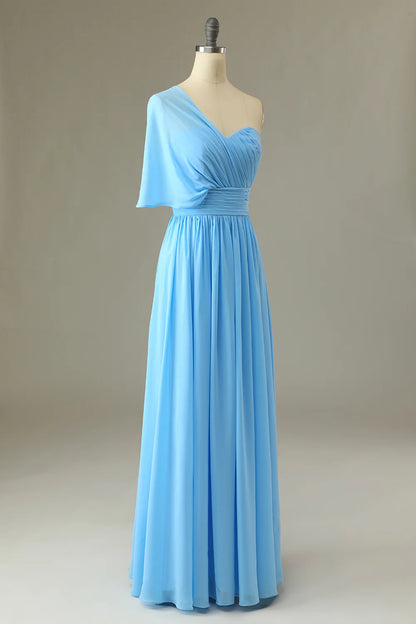Blue One Shoulder Blue Bridesmaid Dress Chiffon Wedding Guest Dress