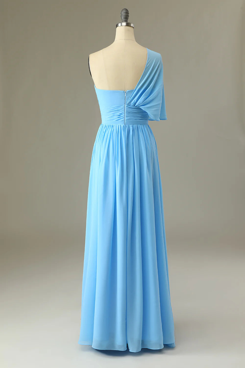 Blue One Shoulder Blue Bridesmaid Dress Chiffon Wedding Guest Dress