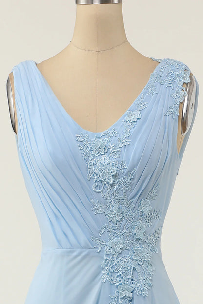 V-neck Blue Bridesmaid Dress with Ruffle Wedding Guest Dress