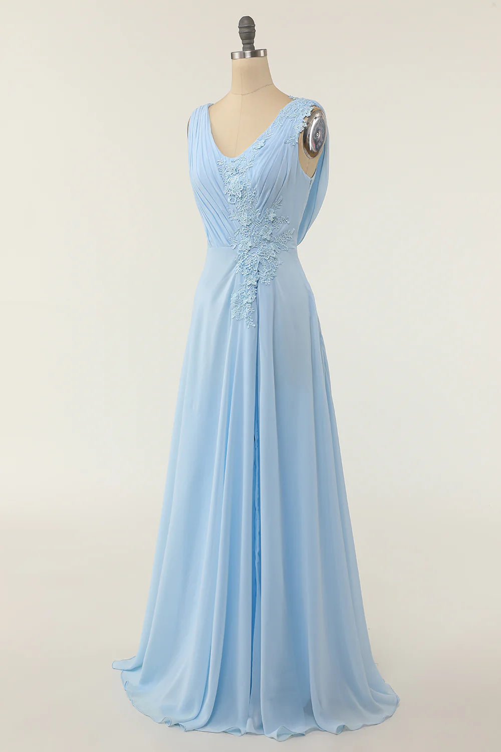V-neck Blue Bridesmaid Dress with Ruffle Wedding Guest Dress