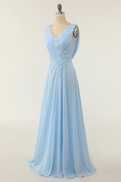 V-neck Blue Bridesmaid Dress with Ruffle Wedding Guest Dress