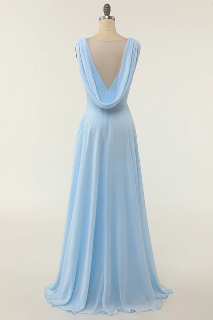 V-neck Blue Bridesmaid Dress with Ruffle Wedding Guest Dress