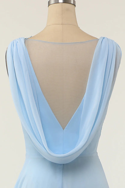 V-neck Blue Bridesmaid Dress with Ruffle Wedding Guest Dress