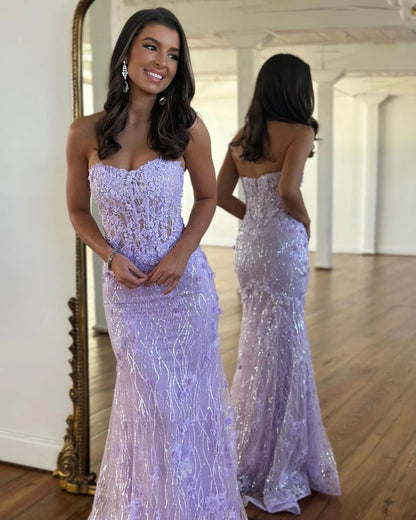 Cute Mermaid Strapless Lavender Sequins Lace Prom Dresses