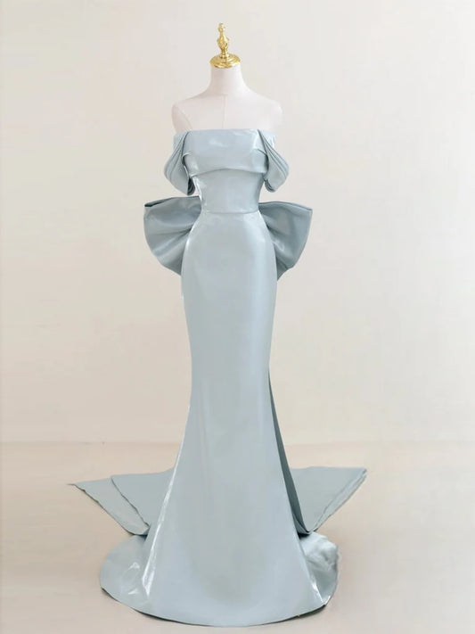 Simple Off Shoulder Satin Blue Long Strapless Prom Dress With Bows