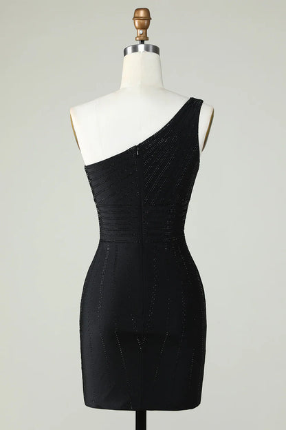 Black Sheath One Shoulder Homecoming Dress with Beading