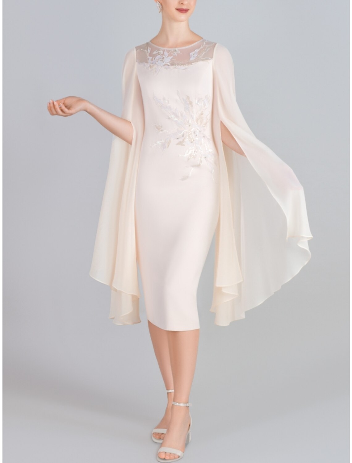 Sheath / Column Mother of the Bride Dress Wedding Guest Elegant Petite Scoop Neck Tea Length Chiffon Lace Long Sleeve with Split Front Ruching Solid Color