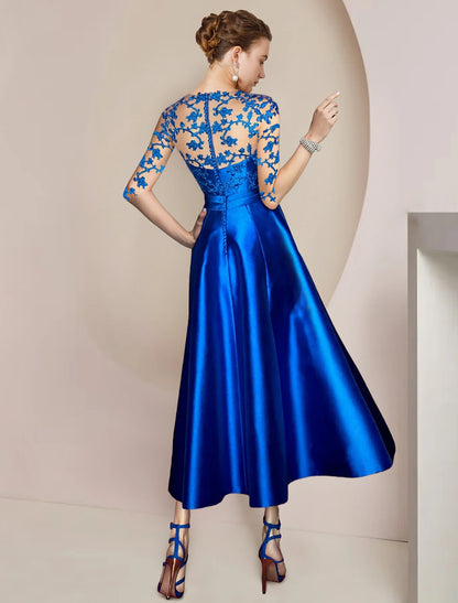 A-Line Mother of the Bride Dress Wedding Guest Party Elegant V Neck Tea Length Satin Lace Half Sleeve with Bow(s) Pleats Appliques