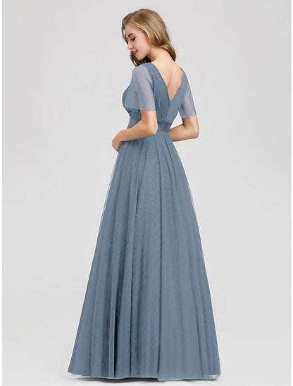 A-Line Empire Wedding Guest Prom Dress V Neck V Back Short Sleeve Floor Length Chiffon with Pleats Ruched