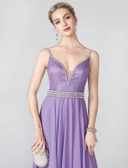 Ball Gown Beaded & Sequin Holiday Cocktail Party Formal Evening Dress Plunging Neck Sleeveless Court Train Chiffon Metallic Lace with Sash / Ribbon Pleats Beading