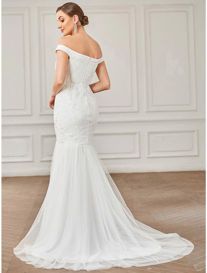 Reception Vintage Wedding Dresses A-Line Off Shoulder Cap Sleeve Sweep / Brush Train Lace Bridal Gowns With Lace Appliques Summer Wedding Party