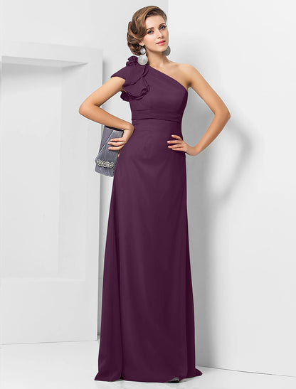Sheath / Column Elegant Dress Wedding Guest Formal Evening Floor Length Sleeveless One Shoulder Bridesmaid Dress Chiffon with Sash / Ribbon Appliques