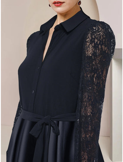 A-Line Mother of the Bride Dress Wedding Guest Party Elegant Shirt Collar Asymmetrical Floor Length Satin Long Sleeve with Lace Bow(s) Ruching