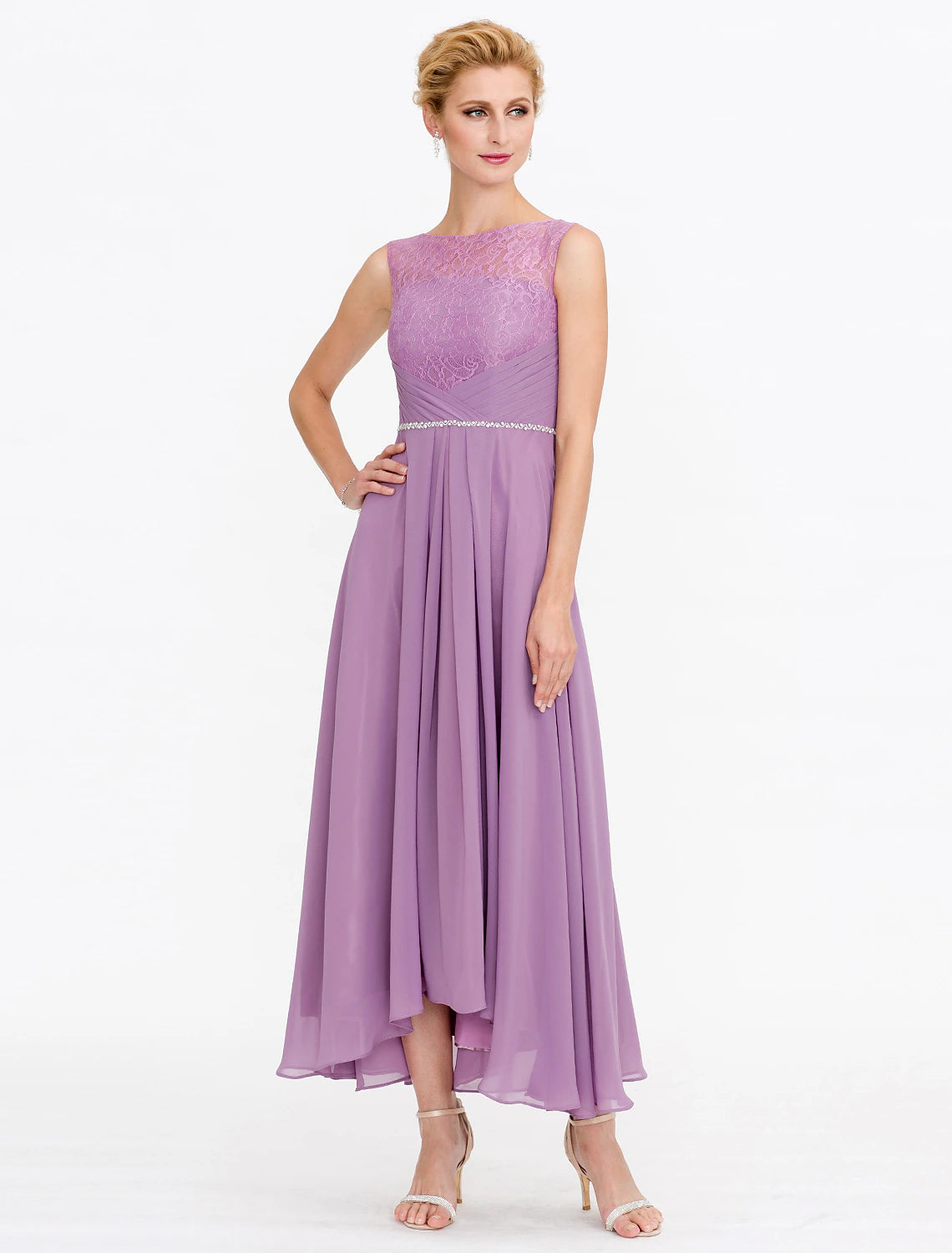 Two Piece Ball Gown A-Line Mother of the Bride Dress Formal Church Convertible Dress High Low See Through Illusion Neck Asymmetrical Chiffon Lace 3/4 Length Sleeve with Crystals