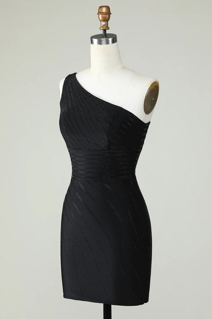 Black Sheath One Shoulder Homecoming Dress with Beading