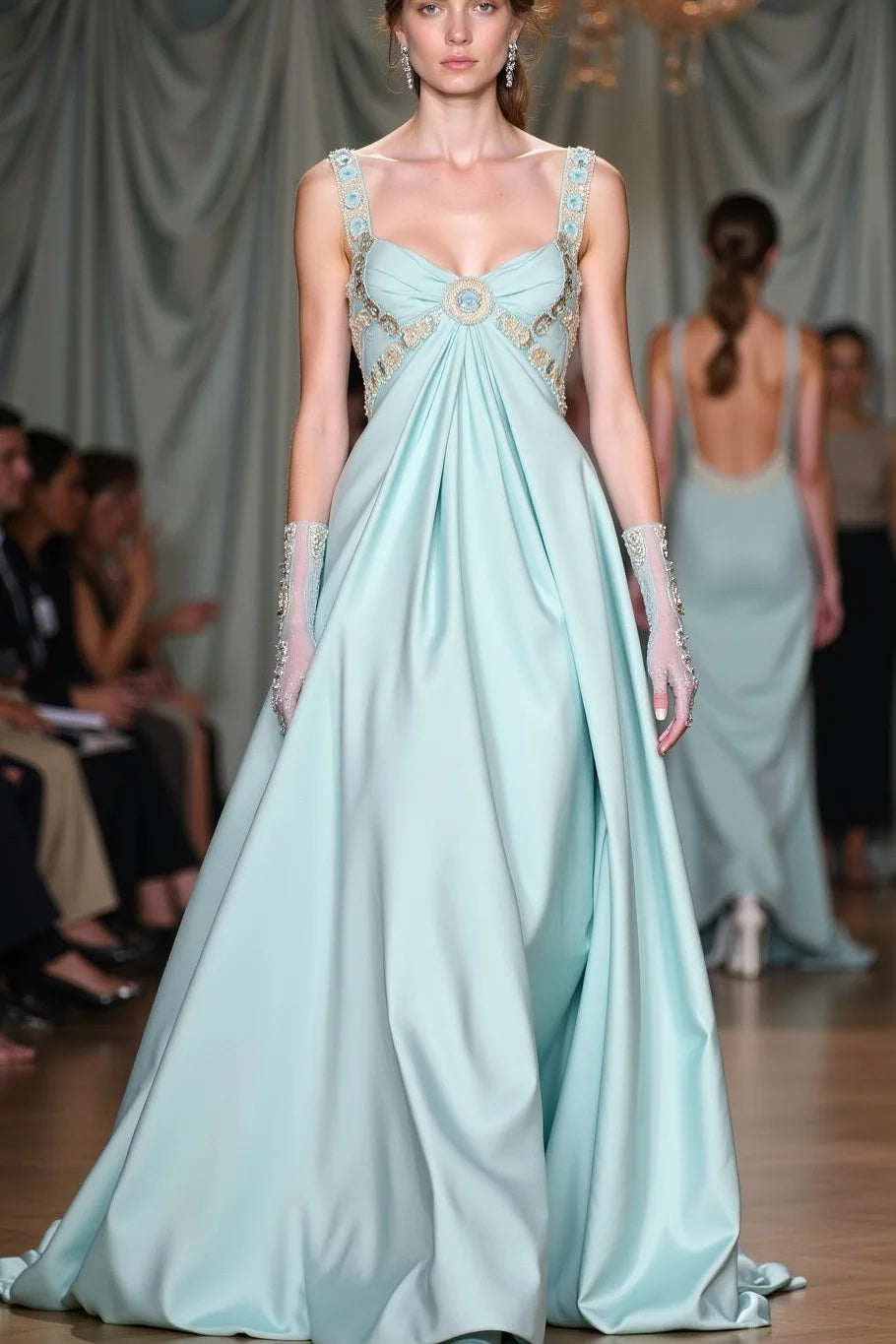 Square Neck Mint Satin Prom Dresses with Beaded Embroidery and Empire Waist