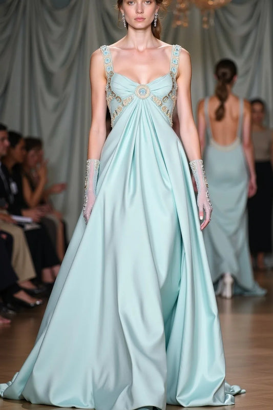 Square Neck Mint Satin Prom Dresses with Beaded Embroidery and Empire Waist