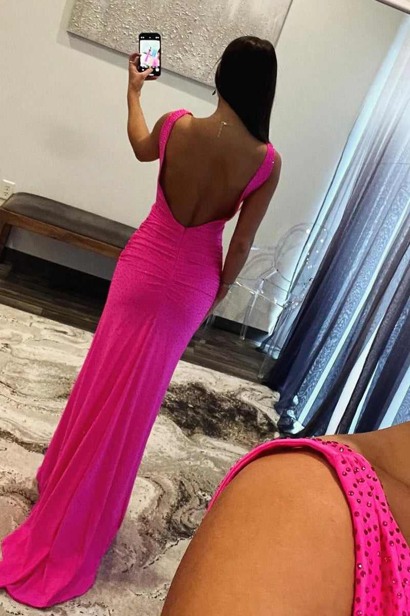 Fuchsia Satin Mermaid Long Prom Dresses with Beading