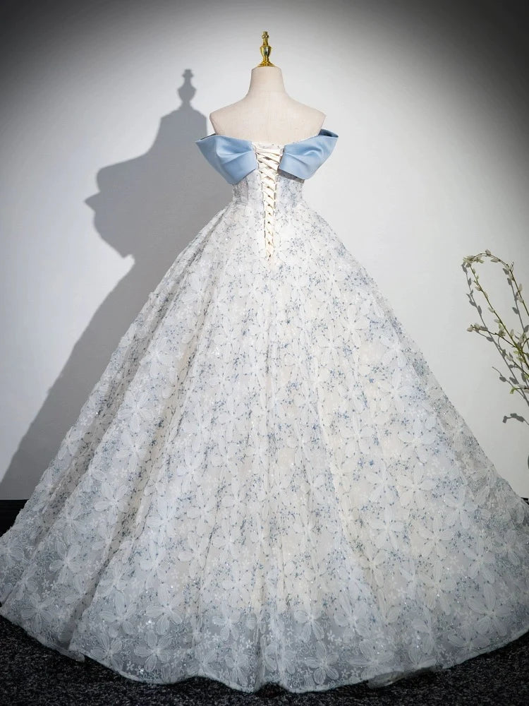 A-Line Off Shoulder Tulle Lace Blue Long Prom Dress Quinceanera Dress