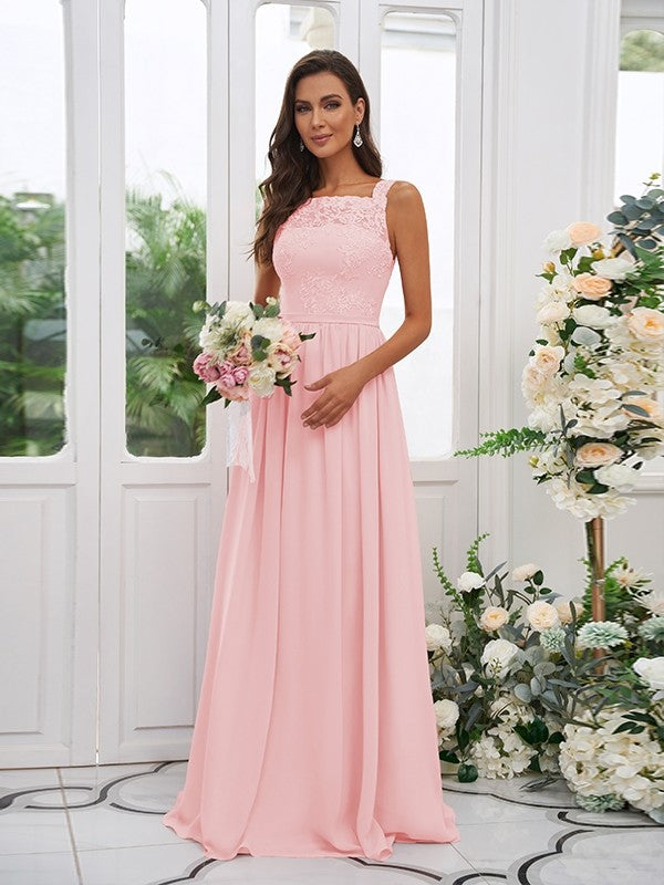A-Line/Princess Chiffon Applique Square Sleeveless Floor-Length Bridesmaid Dresses