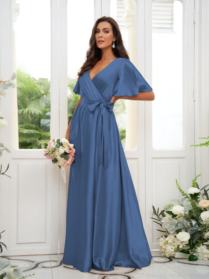 A-Line/Princess Silk like Satin Sash/Ribbon/Belt V-neck Short Sleeves Floor-Length Bridesmaid Dresses