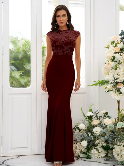 Trumpet/Mermaid Stretch Crepe Applique High Neck Sleeveless Floor-Length Bridesmaid Dresses