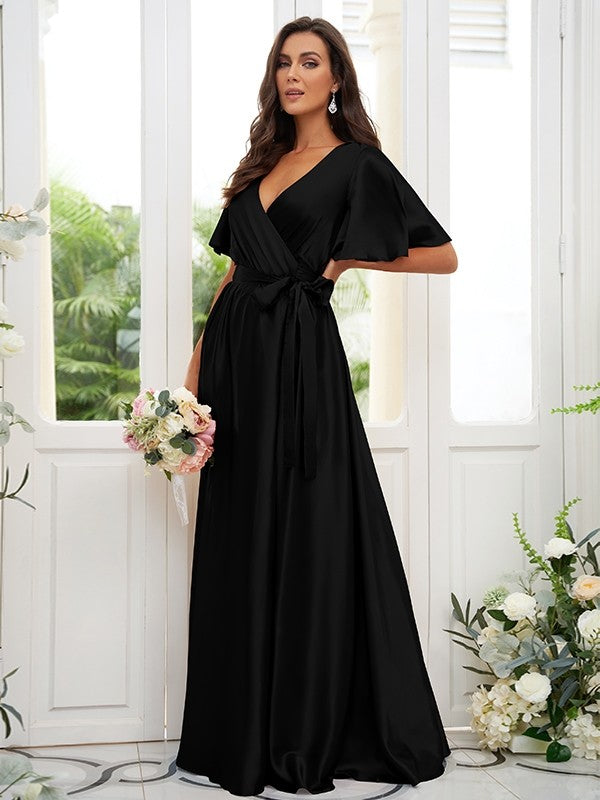 A-Line/Princess Silk like Satin Sash/Ribbon/Belt V-neck Short Sleeves Floor-Length Bridesmaid Dresses